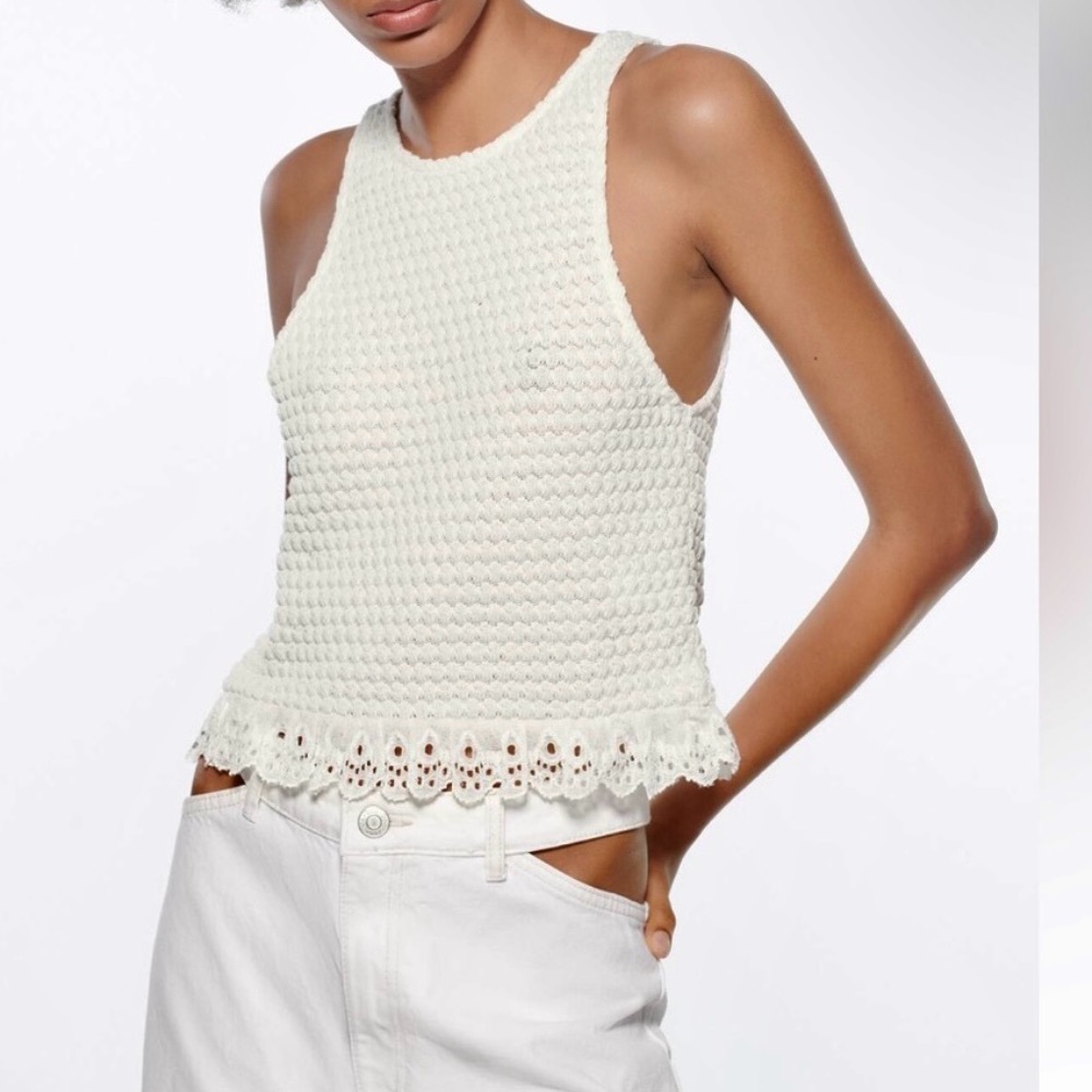 Zara knit crochet lace trim off white cream summer shirt